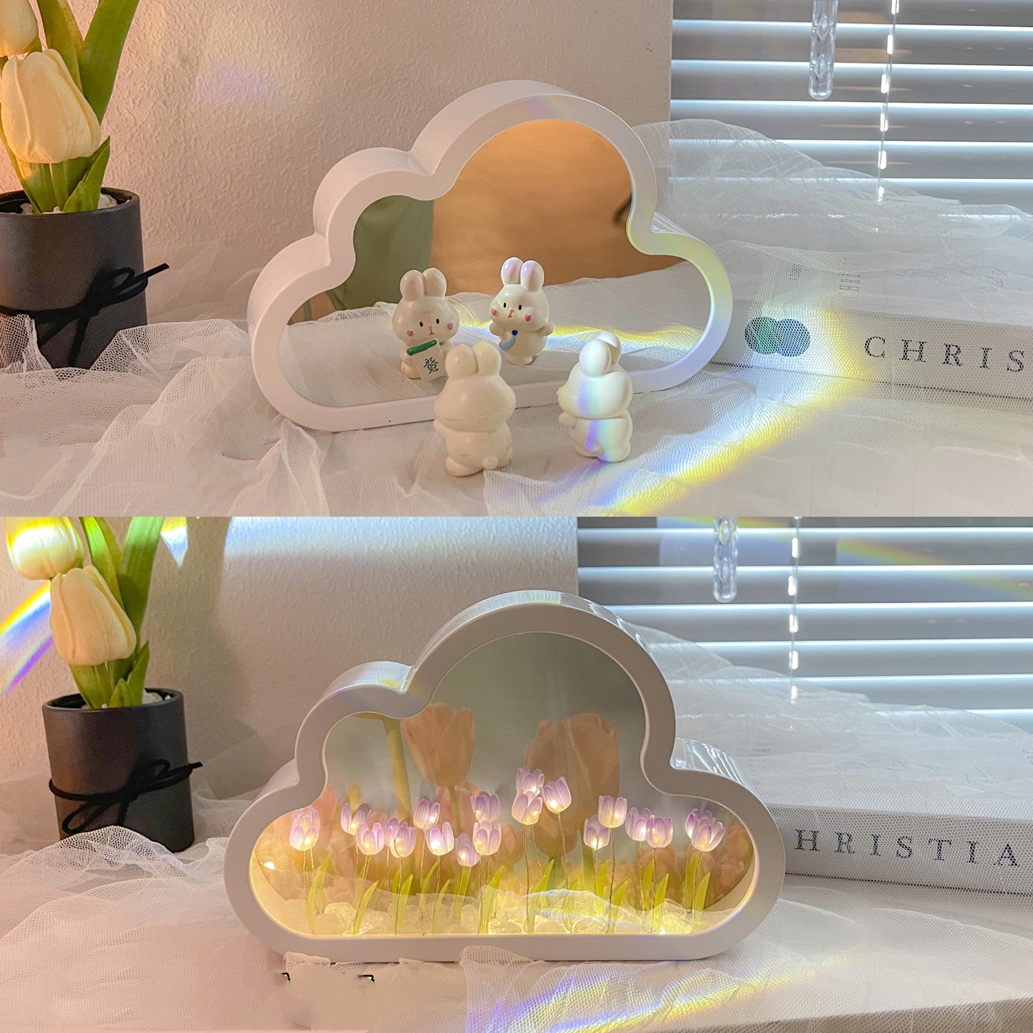 Tulipán Lámpara de Noche Material DIY Nube Tulipanes Lámpara de Noche Espejos Decorativos Marco de Fotos Luces de Mesa LED Coreano Creativo Escritorio Dormitorio Hecho a Mano Regalos de Cumpleaños
