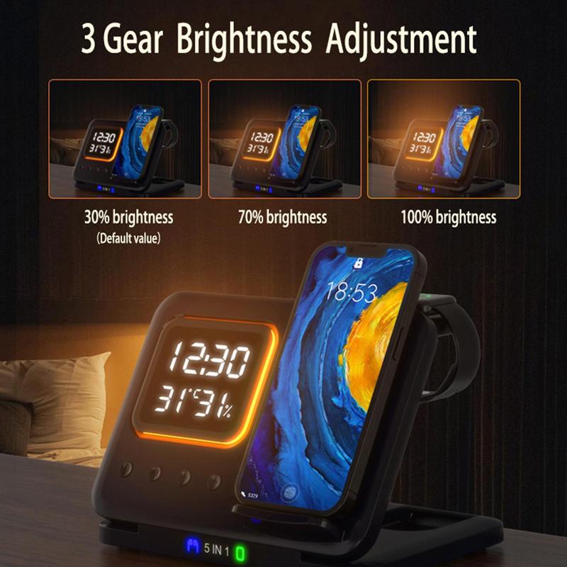 Soporte de cargadores inalámbricos de 15 W 5 en 1, reloj despertador digital LED, estación de carga rápida