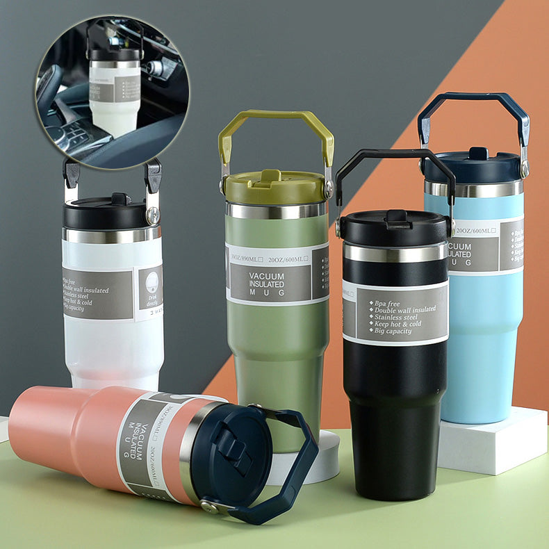 Vaso portátil de acero inoxidable para coche, botella de agua deportiva de viaje con asa, taza de café con tapa