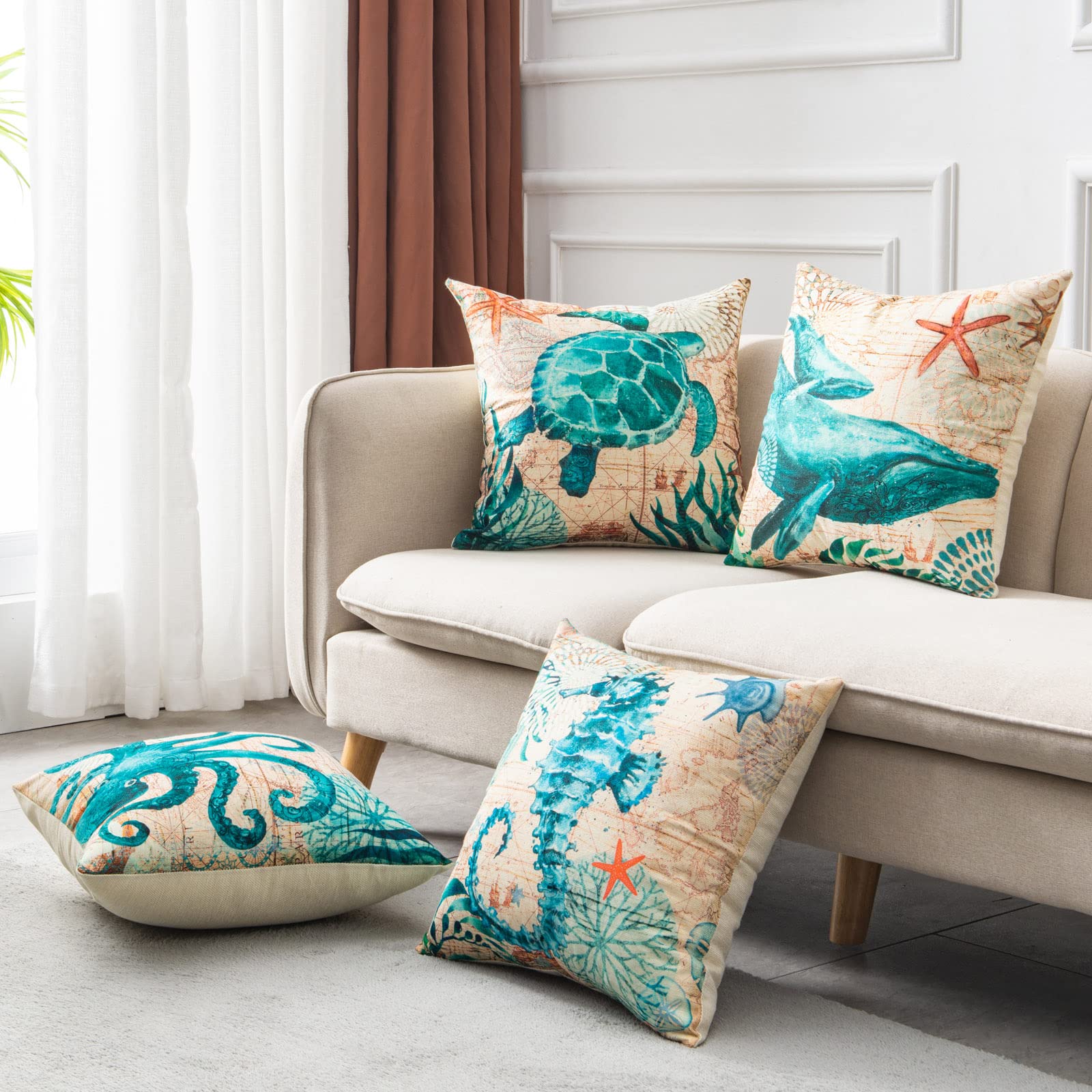 Fundas de cojín con estampado de tortuga marina para sofá, silla, asiento, decoración del hogar