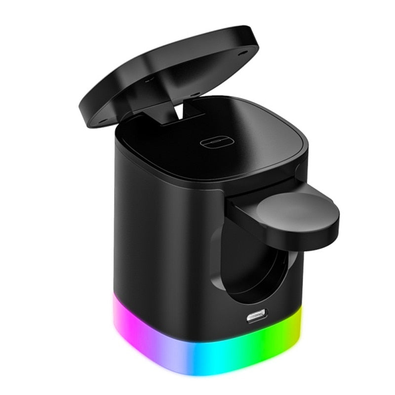 Cargador rápido inalámbrico magnético 3 en 1 para smartphone, estación de carga con luz ambiental RGB para AirPods y iWatch