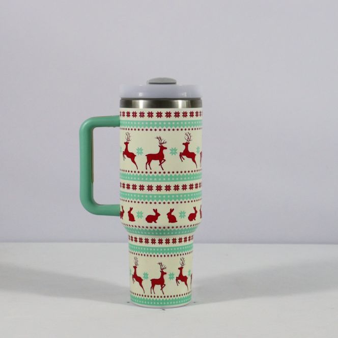 Taza de café de viaje para coche, de gran capacidad, de acero inoxidable, con pajita, tapa, asa, nueva, con diseño navideño