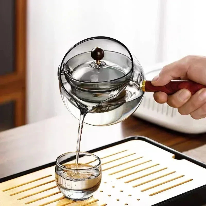 Tetera semiautomática de vidrio resistente al calor con infusor y mango de madera para hacer té, accesorios de oficina y hogar, utensilios de cocina