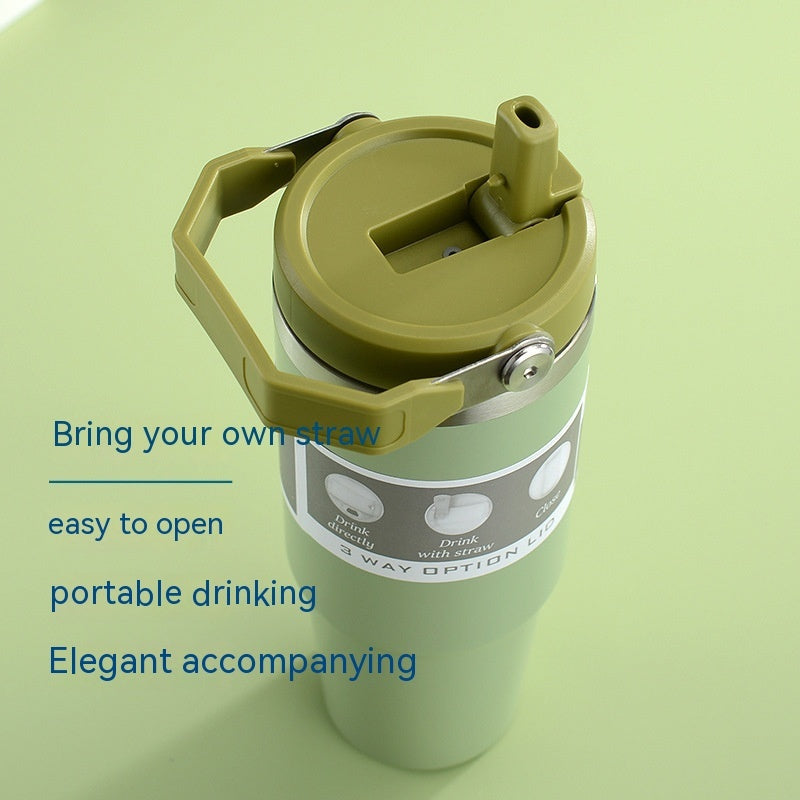 Vaso portátil de acero inoxidable para coche, botella de agua deportiva de viaje con asa, taza de café con tapa