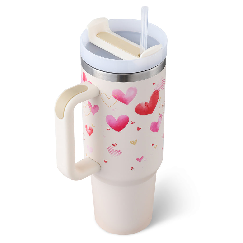 Vaso de 40 Oz con Asa Pajita Aislado, Vaso de Acero Inoxidable a Prueba de Derrames al Vacío para Café con Tapa, Taza Cónica, Regalos para Amantes en San Valentín, Adecuado para Coche, Gimnasio, Oficina, Viajes