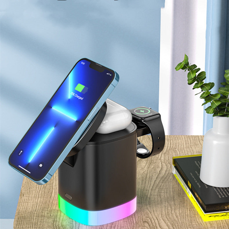 Cargador rápido inalámbrico magnético 3 en 1 para smartphone, estación de carga con luz ambiental RGB para AirPods y iWatch