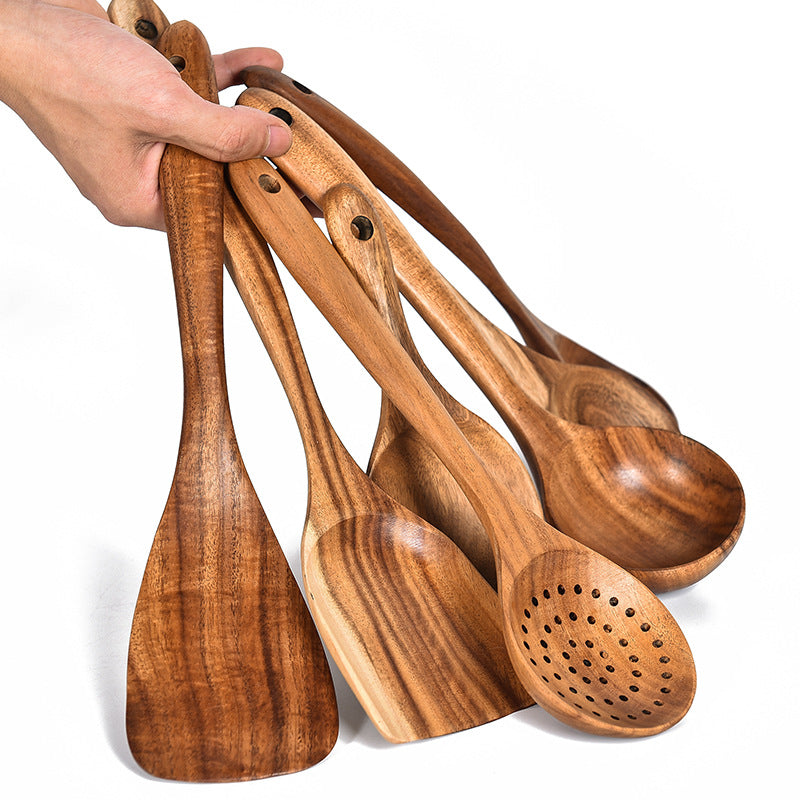 Cuchara de madera de teca natural, cucharón, espátula, colador de arroz, espumadera de sopa, juego de utensilios de cocina, cuchara, cucharon, herramientas y aparatos de cocina
