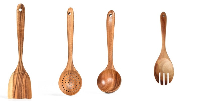 Cuchara de madera de teca natural, cucharón, espátula, colador de arroz, espumadera de sopa, juego de utensilios de cocina, cuchara, cucharon, herramientas y aparatos de cocina