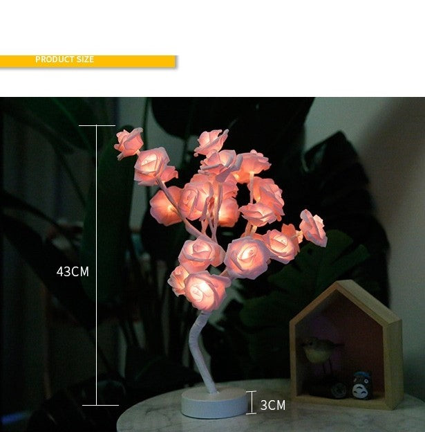 Lámpara de flor de rosa con USB, funciona con pilas, lámpara de mesa LED, luces nocturnas de bonsái, guirnalda, luces decorativas para dormitorio, decoración del hogar.