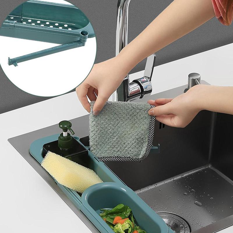 Estante telescópico para fregadero, soporte para jabón y esponja, organizador de fregaderos de cocina, estante de drenaje ajustable para fregaderos, cesta de almacenamiento, accesorios de cocina