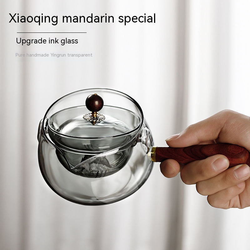Tetera semiautomática de vidrio resistente al calor con infusor y mango de madera para hacer té, accesorios de oficina y hogar, utensilios de cocina
