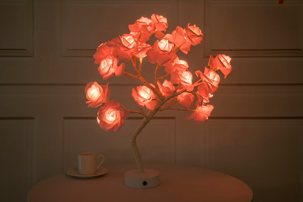 Lámpara de flor de rosa con USB, funciona con pilas, lámpara de mesa LED, luces nocturnas de bonsái, guirnalda, luces decorativas para dormitorio, decoración del hogar.