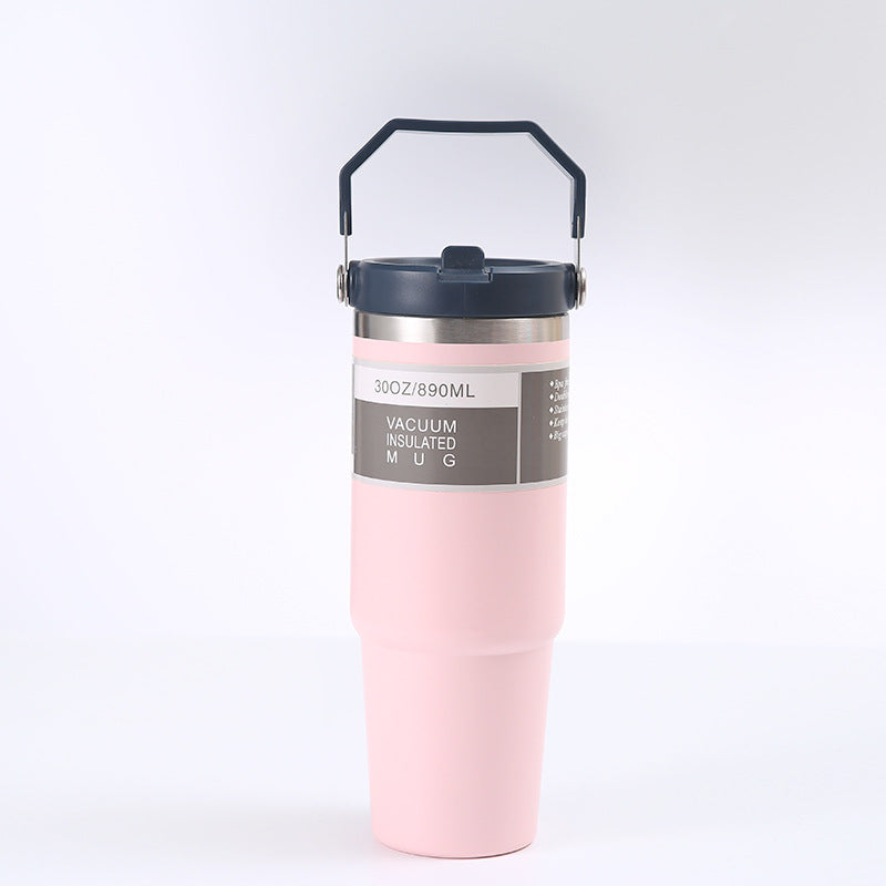 Vaso portátil de acero inoxidable para coche, botella de agua deportiva de viaje con asa, taza de café con tapa