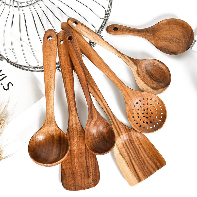 Cuchara de madera de teca natural, cucharón, espátula, colador de arroz, espumadera de sopa, juego de utensilios de cocina, cuchara, cucharon, herramientas y aparatos de cocina