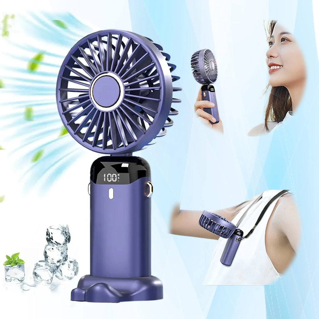 Mini Ventilador Eléctrico Portátil Recargable USB de Mano, Ventilador Plegable para Colgar al Cuello para Exteriores, Ajustable, 5 Velocidades, Potente Enfriador de Aire
