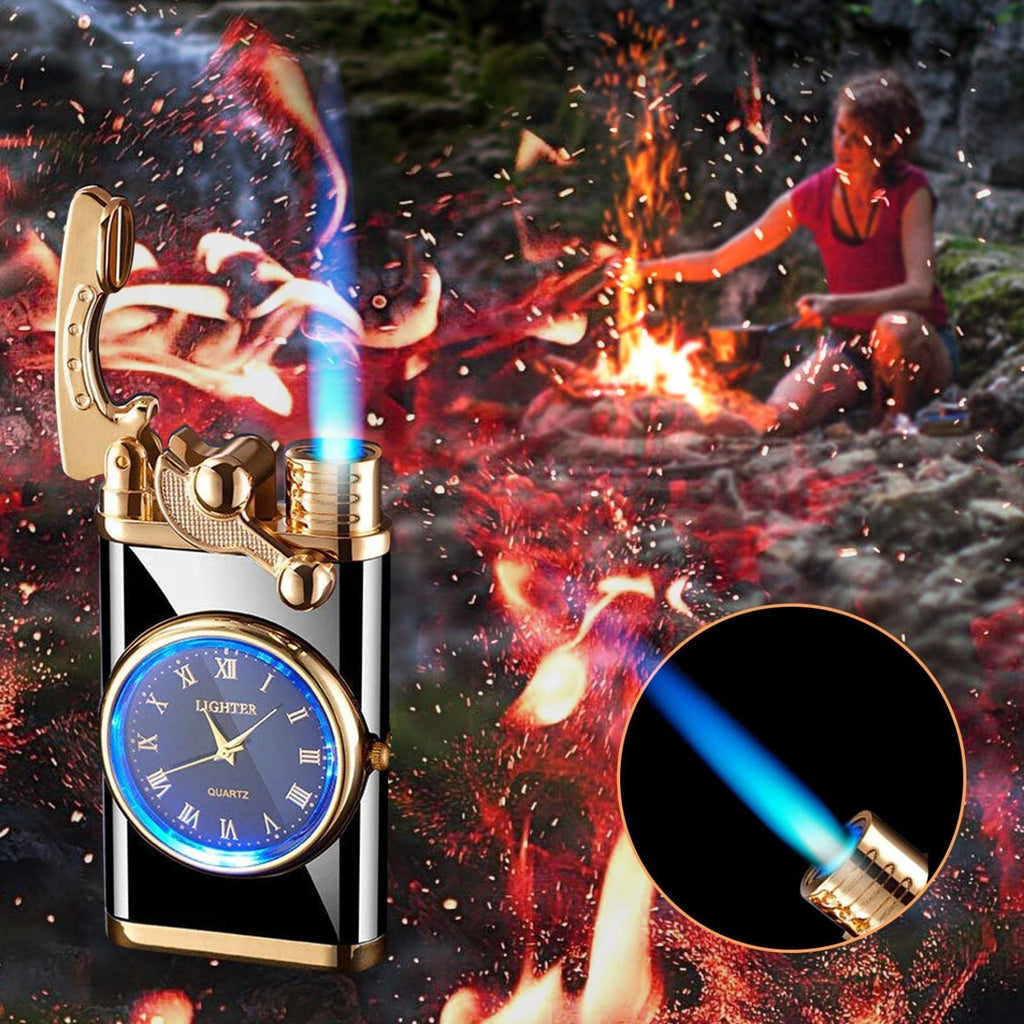 Nuevo encendedor con brazo oscilante de reloj eléctrico, encendido automático, llama azul recta, encendedor creativo con esfera real, recargable a prueba de viento, regalo para hombre.
