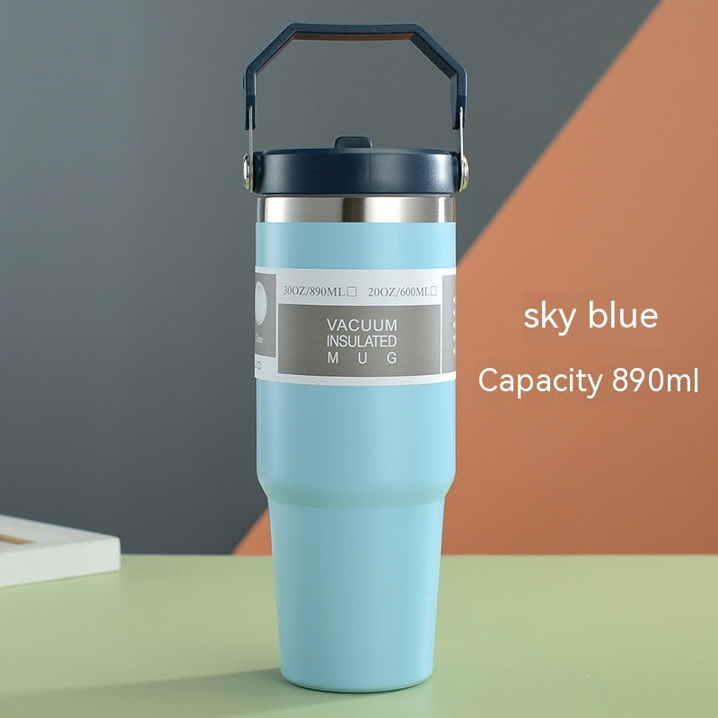 Vaso portátil de acero inoxidable para coche, botella de agua deportiva de viaje con asa, taza de café con tapa