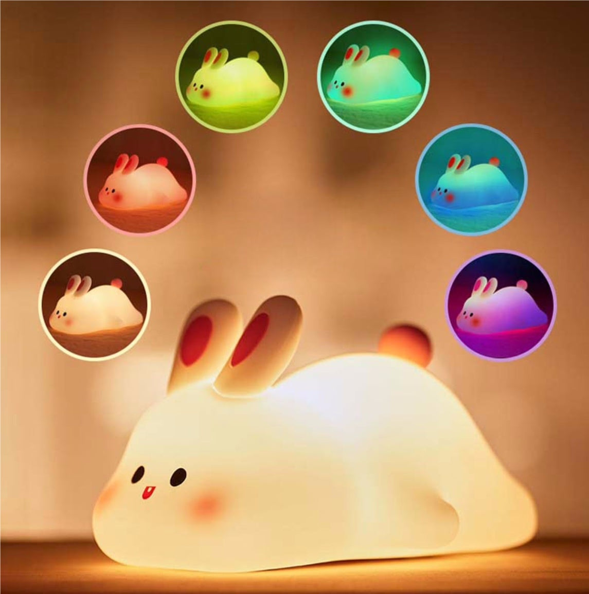 Linda luz de noche LED con sensor táctil, lámpara de noche de silicona con diseño de conejo de cara grande, regalo de Navidad, lámpara de mesita de noche, decoración del hogar