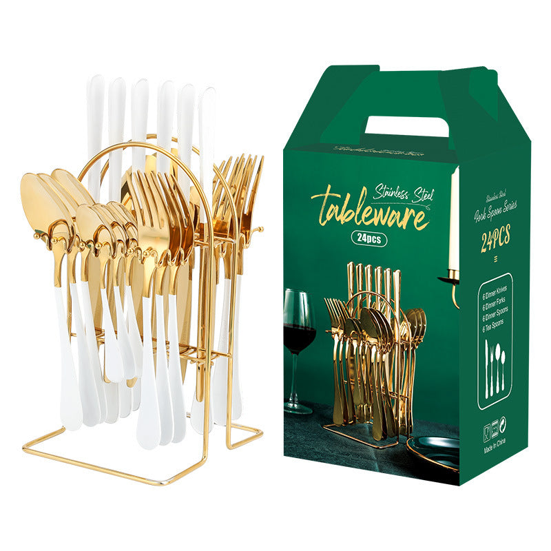 Juego de vajilla de oro, juego de cubiertos de acero inoxidable, cuchillo, tenedor, cuchara, juego de cubiertos de lujo con estante de almacenamiento, apto para lavavajillas.
