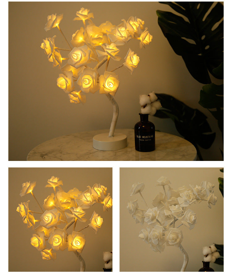 Lámpara de flor de rosa con USB, funciona con pilas, lámpara de mesa LED, luces nocturnas de bonsái, guirnalda, luces decorativas para dormitorio, decoración del hogar.