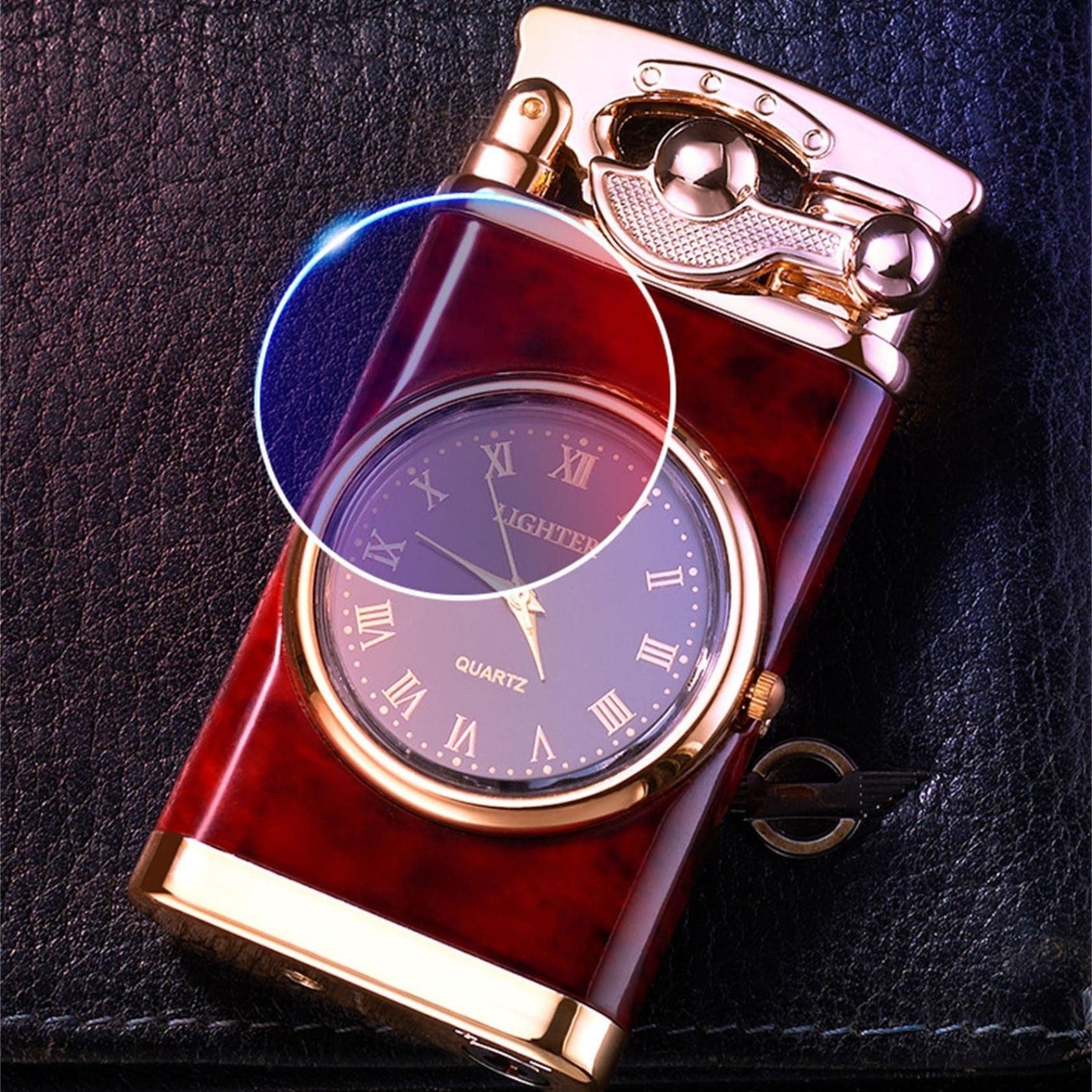 Nuevo encendedor con brazo oscilante de reloj eléctrico, encendido automático, llama azul recta, encendedor creativo con esfera real, recargable a prueba de viento, regalo para hombre.