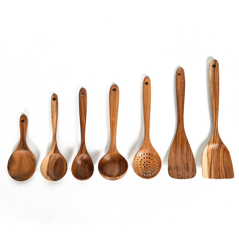 Cuchara de madera de teca natural, cucharón, espátula, colador de arroz, espumadera de sopa, juego de utensilios de cocina, cuchara, cucharon, herramientas y aparatos de cocina