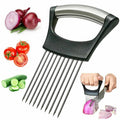 Asistente para rebanar alimentos - Sujetador de cebollas de acero inoxidable, rebanador de tomates antideslizante