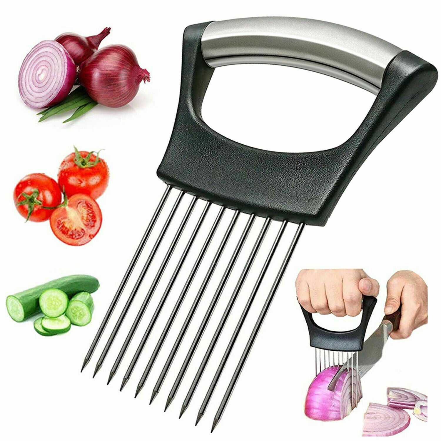 Asistente para rebanar alimentos - Sujetador de cebollas de acero inoxidable, rebanador de tomates antideslizante