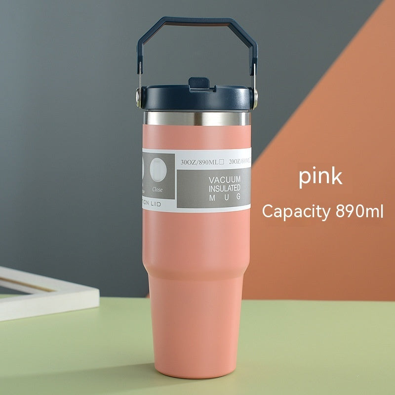Vaso portátil de acero inoxidable para coche, botella de agua deportiva de viaje con asa, taza de café con tapa