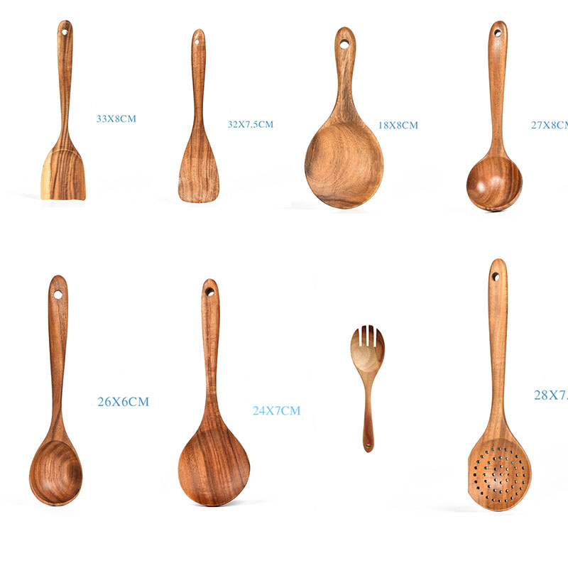 Cuchara de madera de teca natural, cucharón, espátula, colador de arroz, espumadera de sopa, juego de utensilios de cocina, cuchara, cucharon, herramientas y aparatos de cocina