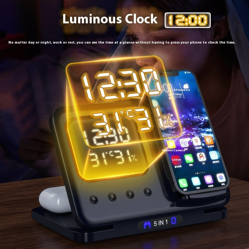 Soporte de cargadores inalámbricos de 15 W 5 en 1, reloj despertador digital LED, estación de carga rápida