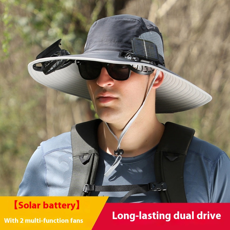 Sombrero de sol de ala ancha para exteriores con ventilador solar, sombrero de pesca para exteriores con ventilador solar de ala ancha, carga solar USB, sombrero ajustable alimentado por energía solar