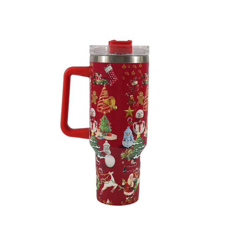 Taza de café de viaje para coche, de gran capacidad, de acero inoxidable, con pajita, tapa, asa, nueva, con diseño navideño