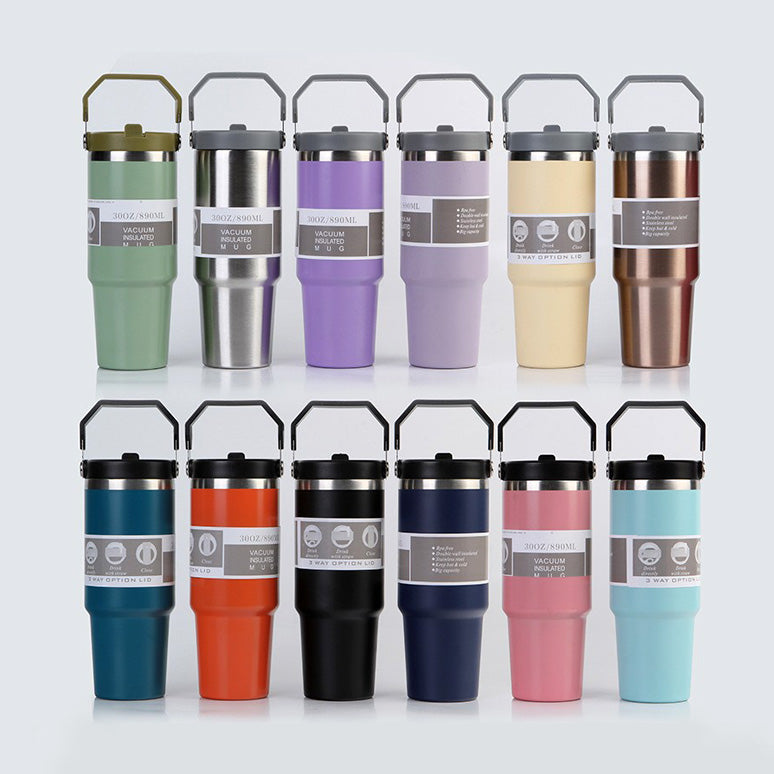 Vaso portátil de acero inoxidable para coche, botella de agua deportiva de viaje con asa, taza de café con tapa