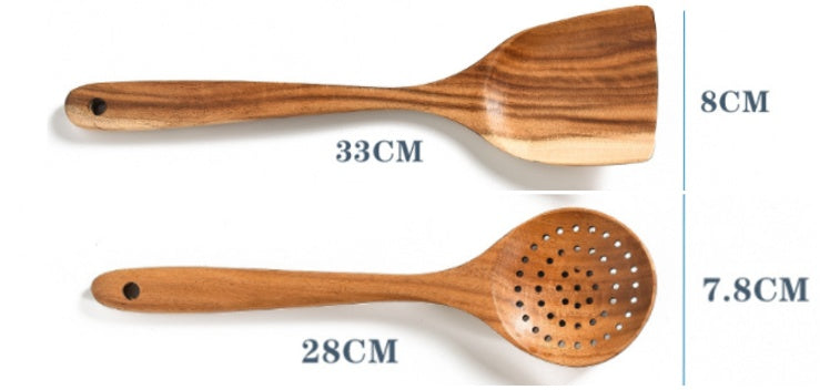 Cuchara de madera de teca natural, cucharón, espátula, colador de arroz, espumadera de sopa, juego de utensilios de cocina, cuchara, cucharon, herramientas y aparatos de cocina