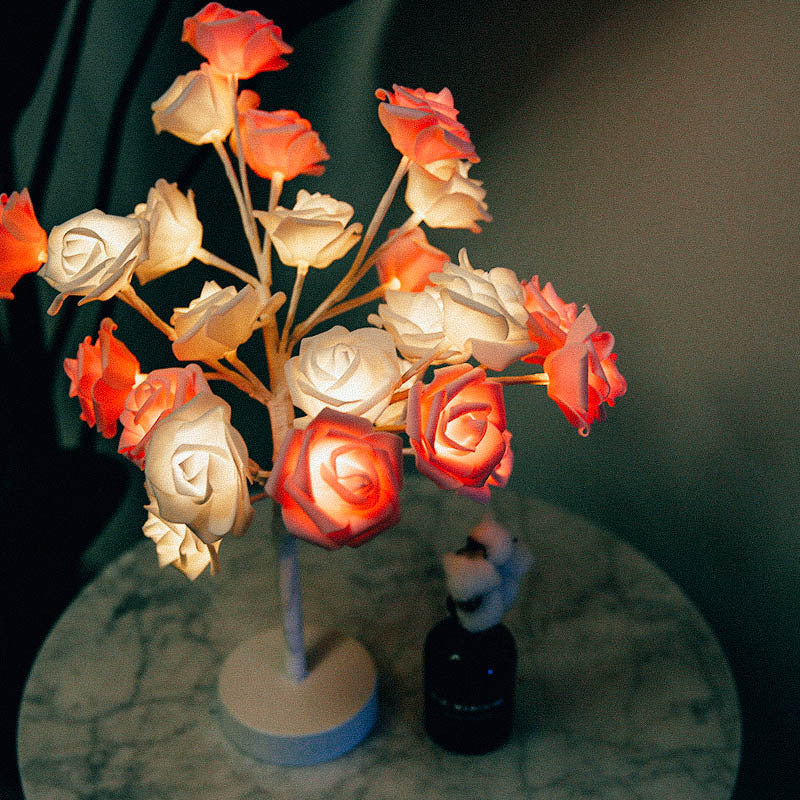 Lámpara de flor de rosa con USB, funciona con pilas, lámpara de mesa LED, luces nocturnas de bonsái, guirnalda, luces decorativas para dormitorio, decoración del hogar.