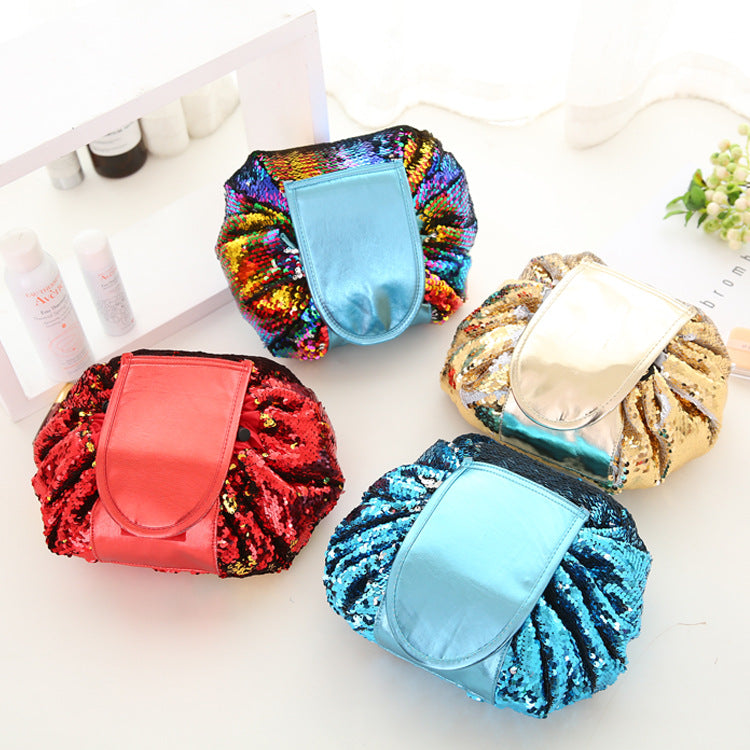 Bolsa de cosméticos con diseño de lentejuelas de sirena, estuche de maquillaje con cordón, organizador de maquillaje de viaje para mujer, bolsa de almacenamiento, neceser de aseo