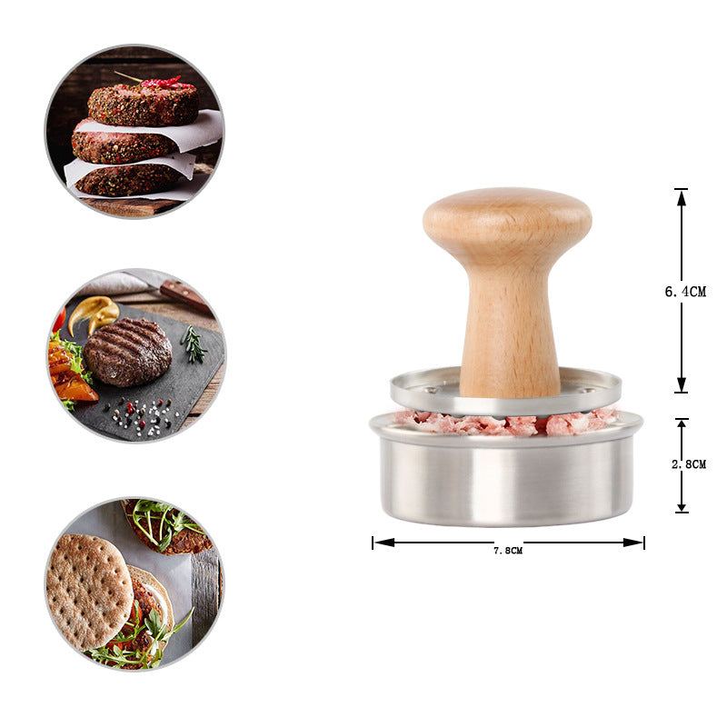 Molde para hamburguesas de acero inoxidable 304, prensa de carne de acero inoxidable con mango de madera de haya