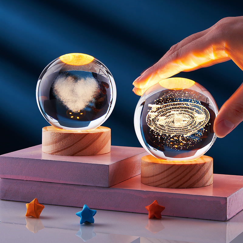 Lámpara de Noche Brillante del Sistema Solar Tallada en 3D Bola de Cristal, Lámpara de Cabecera Cálida, Regalo para Niños y Festivales