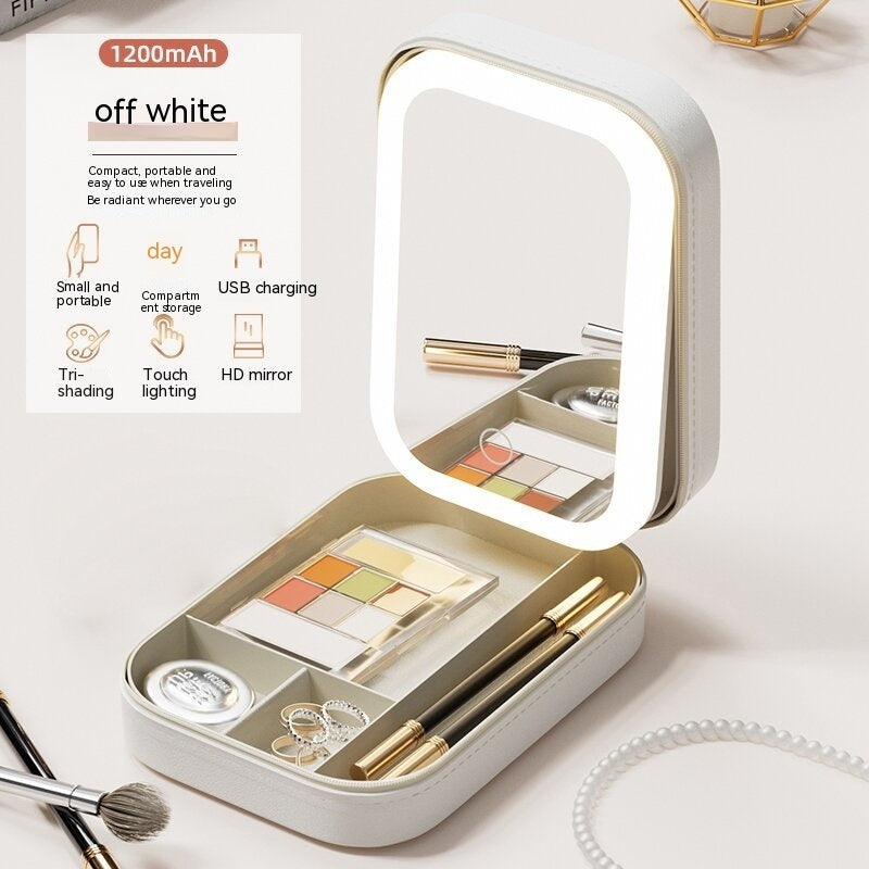 Caja de Almacenamiento de Maquillaje con Espejo de Luz LED, Caja Portátil de Almacenamiento de Cosméticos de Viaje, Organizador de Almacenamiento con Luz Táctil