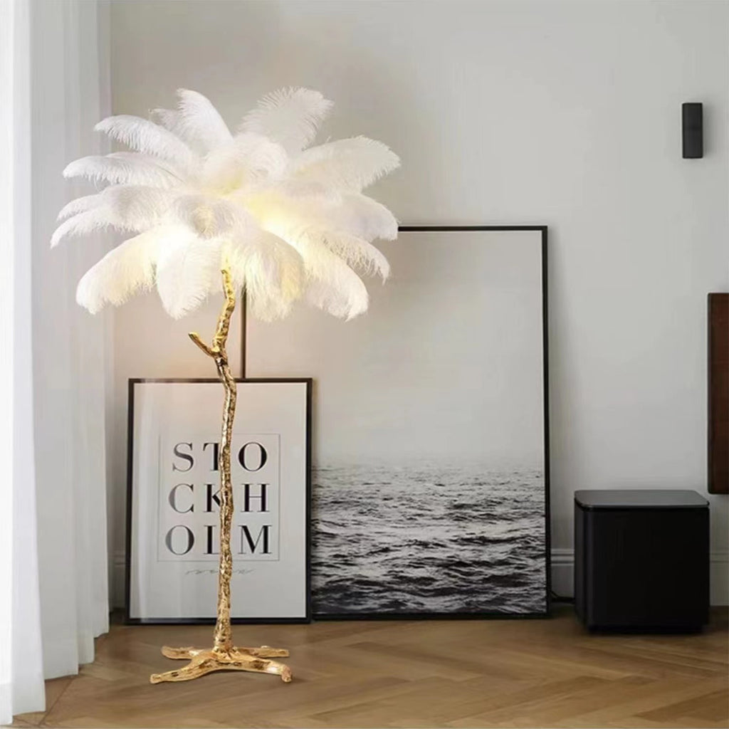 Lámpara de pie decorativa de resina con forma de pluma para sala de estar y dormitorio
