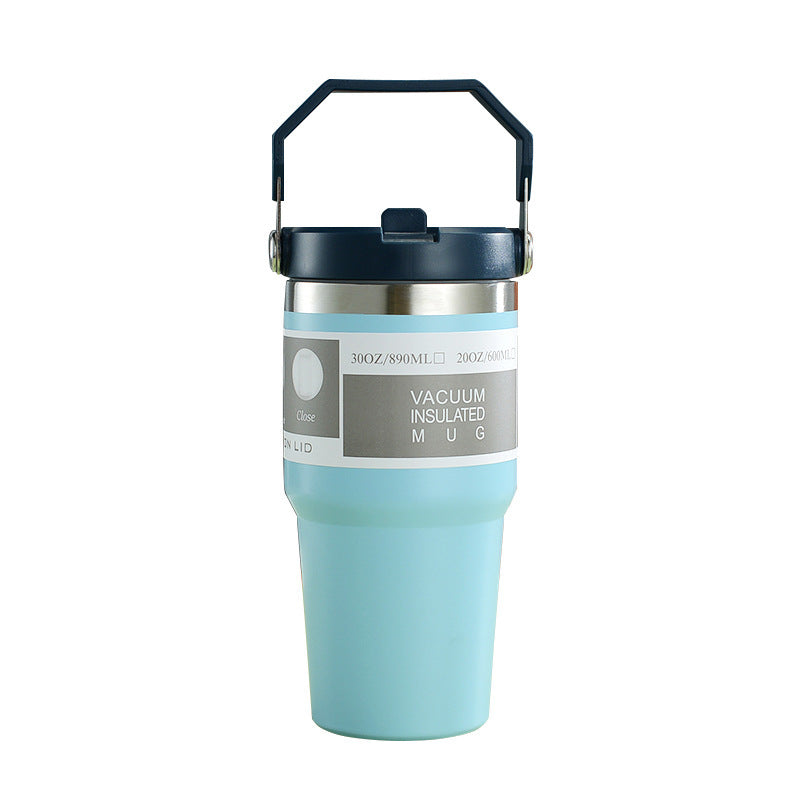 Vaso portátil de acero inoxidable para coche, botella de agua deportiva de viaje con asa, taza de café con tapa