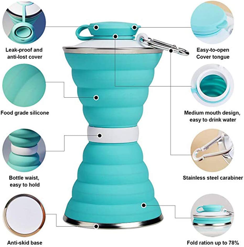 Botella de agua de silicona de 500 ml, plegable, a prueba de fugas, portátil, para deportes, viajes, para actividades al aire libre, gimnasio, senderismo, utensilios de cocina reutilizables