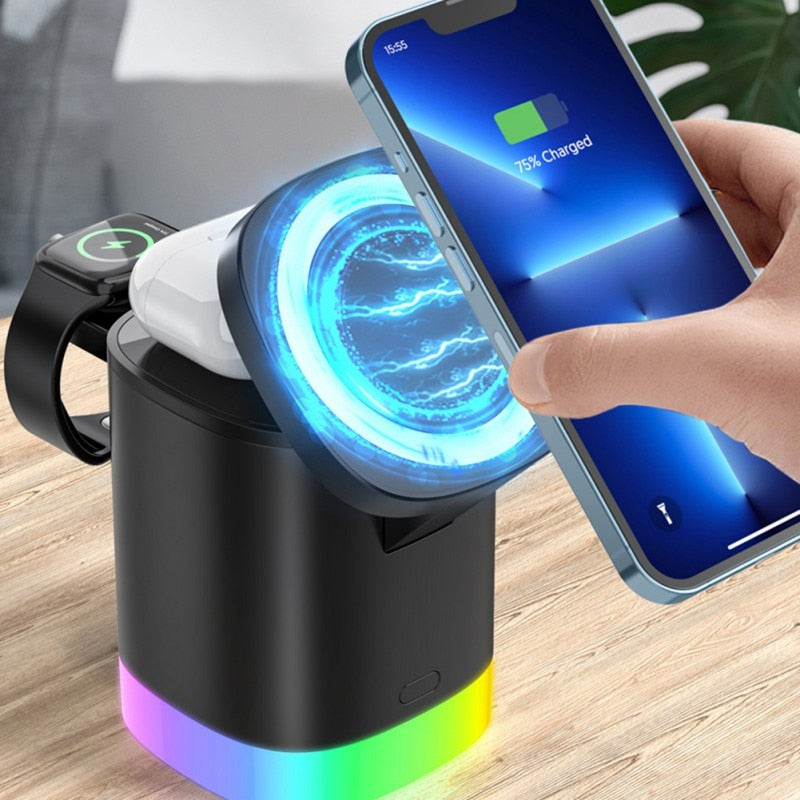 Cargador rápido inalámbrico magnético 3 en 1 para smartphone, estación de carga con luz ambiental RGB para AirPods y iWatch