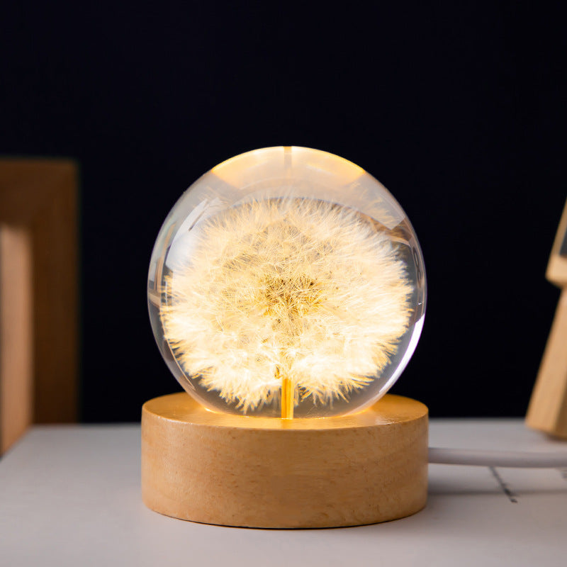 Bola de cristal de diente de león 3D luminosa con base de madera de haya, esfera de flores preservadas, adornos de escritorio, regalos de cumpleaños y Navidad