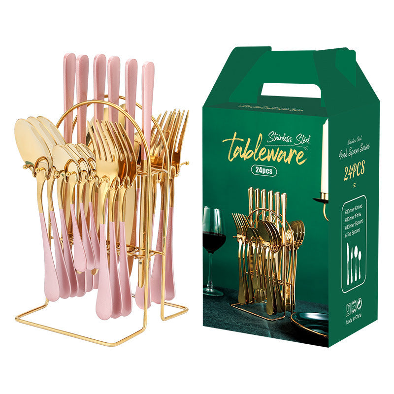Juego de vajilla de oro, juego de cubiertos de acero inoxidable, cuchillo, tenedor, cuchara, juego de cubiertos de lujo con estante de almacenamiento, apto para lavavajillas.