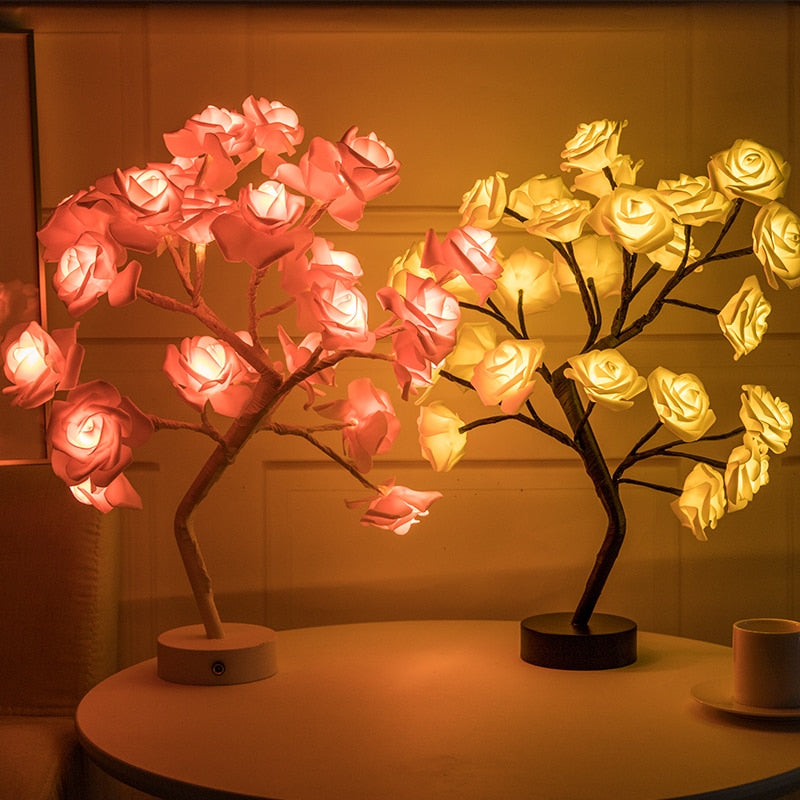 Lámpara de flor de rosa con USB, funciona con pilas, lámpara de mesa LED, luces nocturnas de bonsái, guirnalda, luces decorativas para dormitorio, decoración del hogar.
