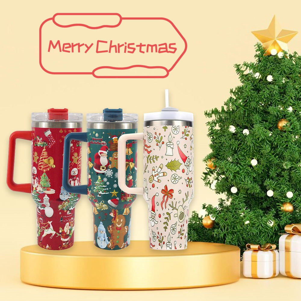 Taza de café de viaje para coche, de gran capacidad, de acero inoxidable, con pajita, tapa, asa, nueva, con diseño navideño