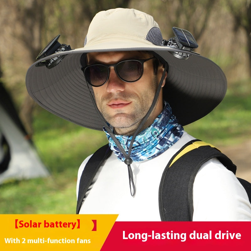 Sombrero de sol de ala ancha para exteriores con ventilador solar, sombrero de pesca para exteriores con ventilador solar de ala ancha, carga solar USB, sombrero ajustable alimentado por energía solar