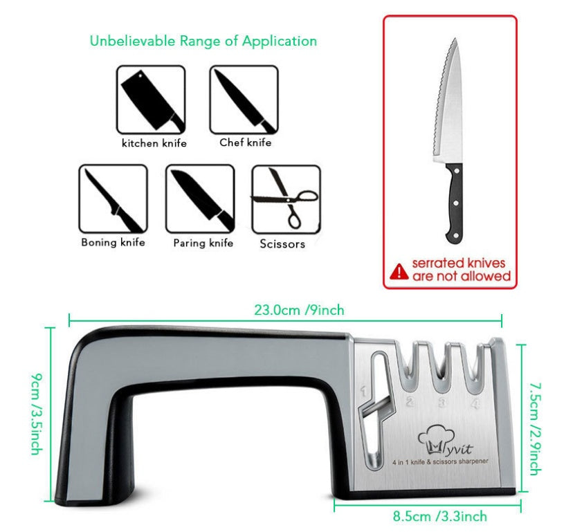 Una familia de cuatro usa un afilador para afilar un cuchillo de cocina.